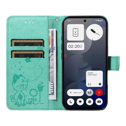 For Nothing Phone 3A Cat and Bee Embossed Flip Leather Phone Case Wallet Cover with Card Slots Cash Pocket Magnetic Stand Protective Shockproof TPU PU Leather Case with Wrist Strap