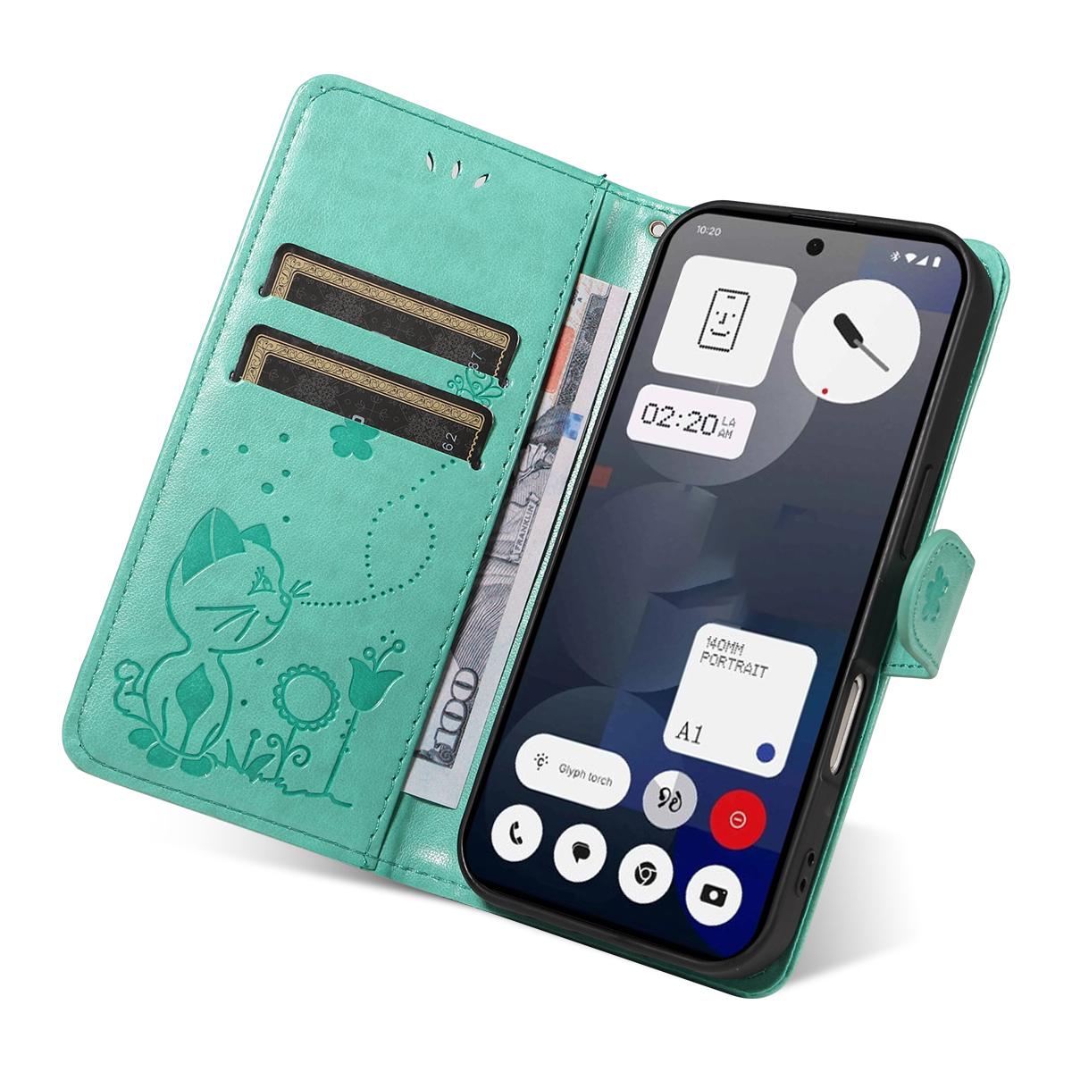 For Nothing Phone 3A Cat and Bee Embossed Flip Leather Phone Case Wallet Cover with Card Slots Cash Pocket Magnetic Stand Protective Shockproof TPU PU Leather Case with Wrist Strap