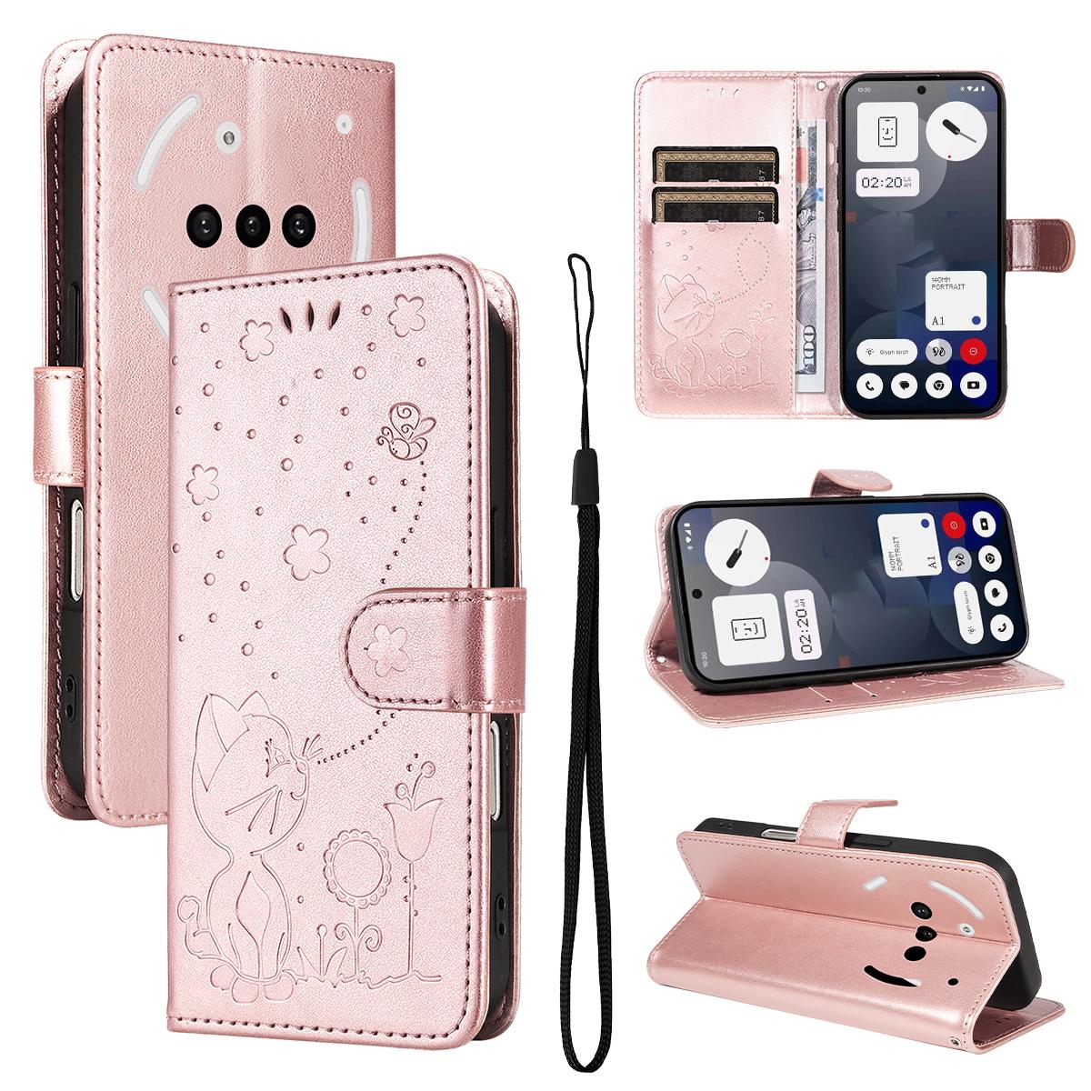 For Nothing Phone 3A Cat and Bee Embossed Flip Leather Phone Case Wallet Cover with Card Slots Cash Pocket Magnetic Stand Protective Shockproof TPU PU Leather Case with Wrist Strap
