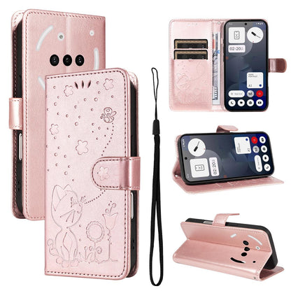 For Nothing Phone 3A Cat and Bee Embossed Flip Leather Phone Case Wallet Cover with Card Slots Cash Pocket Magnetic Stand Protective Shockproof TPU PU Leather Case with Wrist Strap