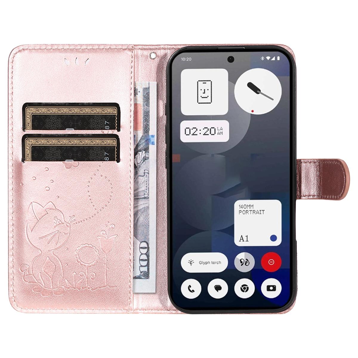 For Nothing Phone 3A Cat and Bee Embossed Flip Leather Phone Case Wallet Cover with Card Slots Cash Pocket Magnetic Stand Protective Shockproof TPU PU Leather Case with Wrist Strap
