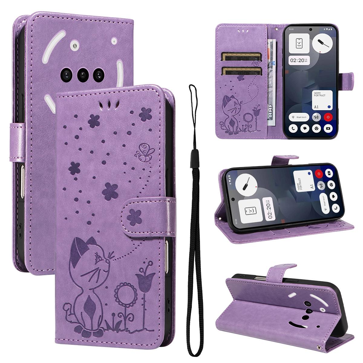 For Nothing Phone 3A Cat and Bee Embossed Flip Leather Phone Case Wallet Cover with Card Slots Cash Pocket Magnetic Stand Protective Shockproof TPU PU Leather Case with Wrist Strap