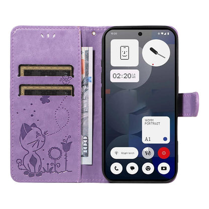 For Nothing Phone 3A Cat and Bee Embossed Flip Leather Phone Case Wallet Cover with Card Slots Cash Pocket Magnetic Stand Protective Shockproof TPU PU Leather Case with Wrist Strap