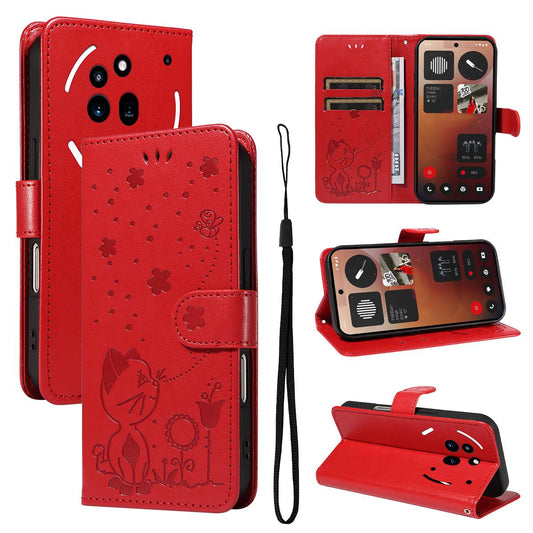 For Nothing Phone 3A Pro Cat and Bee Embossed Flip Leather Phone Case Wallet Cover with Card Slots Cash Pocket Magnetic Stand Protective Shockproof TPU PU Leather Case with Wrist Strap