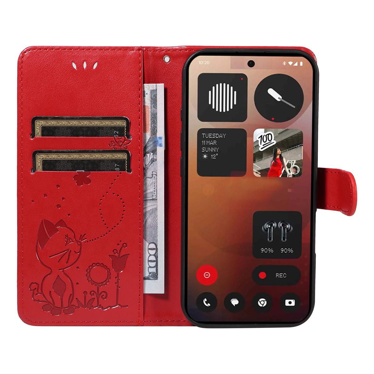 For Nothing Phone 3A Pro Cat and Bee Embossed Flip Leather Phone Case Wallet Cover with Card Slots Cash Pocket Magnetic Stand Protective Shockproof TPU PU Leather Case with Wrist Strap