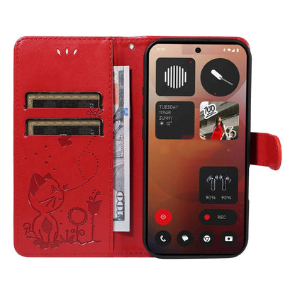 For Nothing Phone 3A Pro Cat and Bee Embossed Flip Leather Phone Case Wallet Cover with Card Slots Cash Pocket Magnetic Stand Protective Shockproof TPU PU Leather Case with Wrist Strap