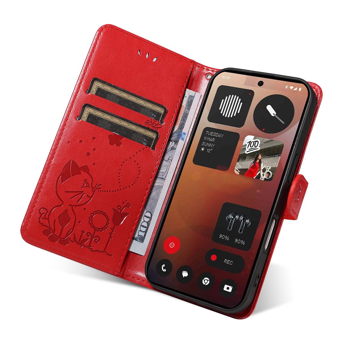 For Nothing Phone 3A Pro Cat and Bee Embossed Flip Leather Phone Case Wallet Cover with Card Slots Cash Pocket Magnetic Stand Protective Shockproof TPU PU Leather Case with Wrist Strap