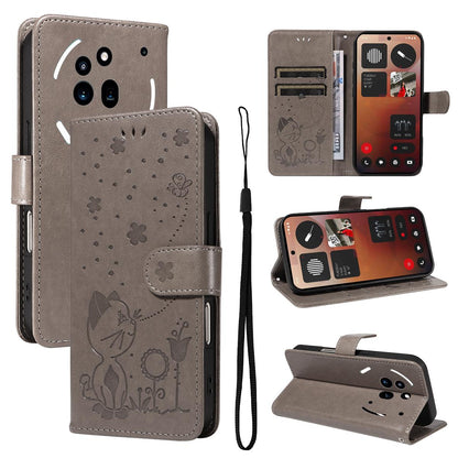 For Nothing Phone 3A Pro Cat and Bee Embossed Flip Leather Phone Case Wallet Cover with Card Slots Cash Pocket Magnetic Stand Protective Shockproof TPU PU Leather Case with Wrist Strap