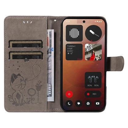 For Nothing Phone 3A Pro Cat and Bee Embossed Flip Leather Phone Case Wallet Cover with Card Slots Cash Pocket Magnetic Stand Protective Shockproof TPU PU Leather Case with Wrist Strap