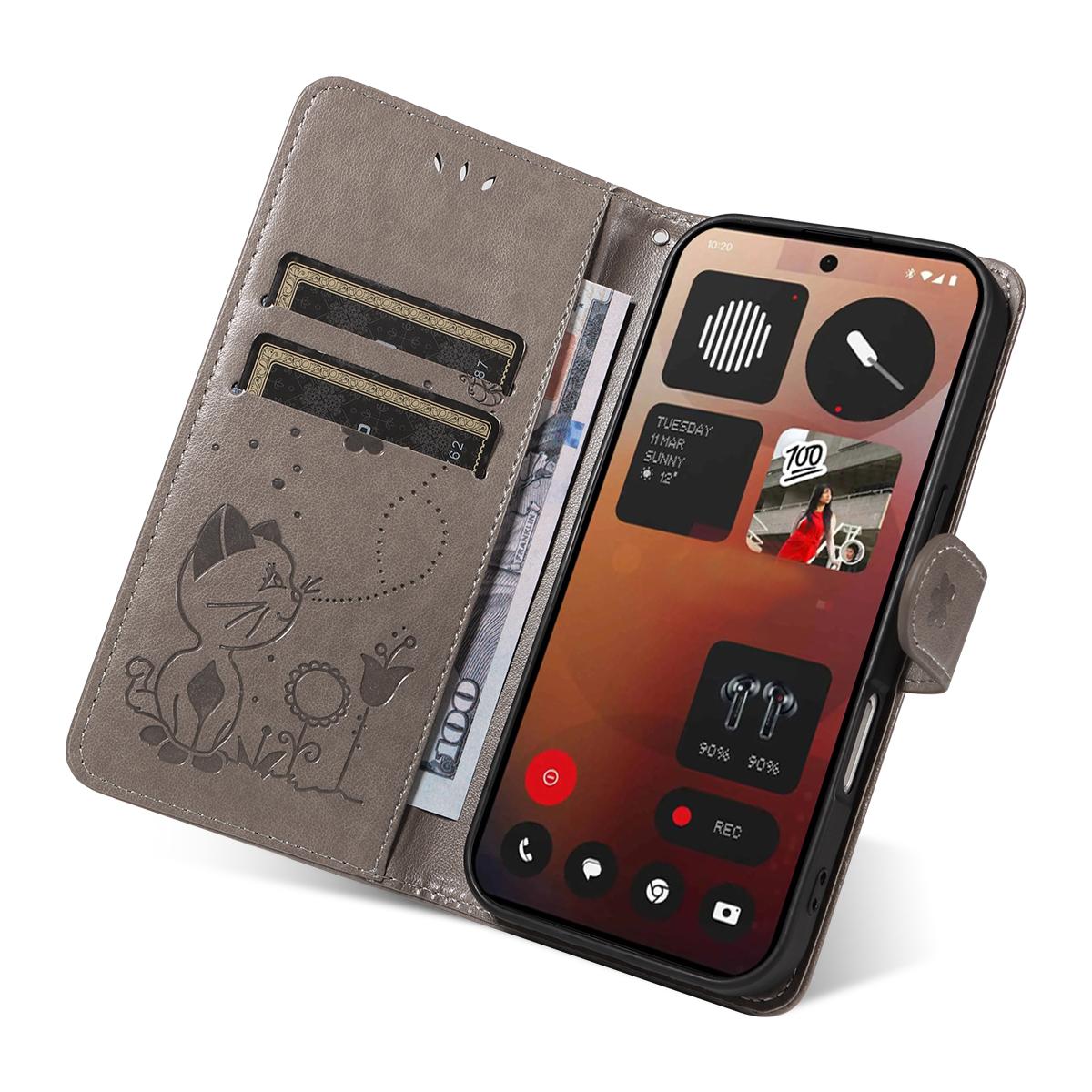 For Nothing Phone 3A Pro Cat and Bee Embossed Flip Leather Phone Case Wallet Cover with Card Slots Cash Pocket Magnetic Stand Protective Shockproof TPU PU Leather Case with Wrist Strap