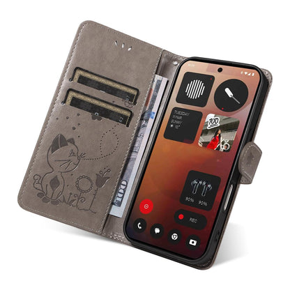 For Nothing Phone 3A Pro Cat and Bee Embossed Flip Leather Phone Case Wallet Cover with Card Slots Cash Pocket Magnetic Stand Protective Shockproof TPU PU Leather Case with Wrist Strap