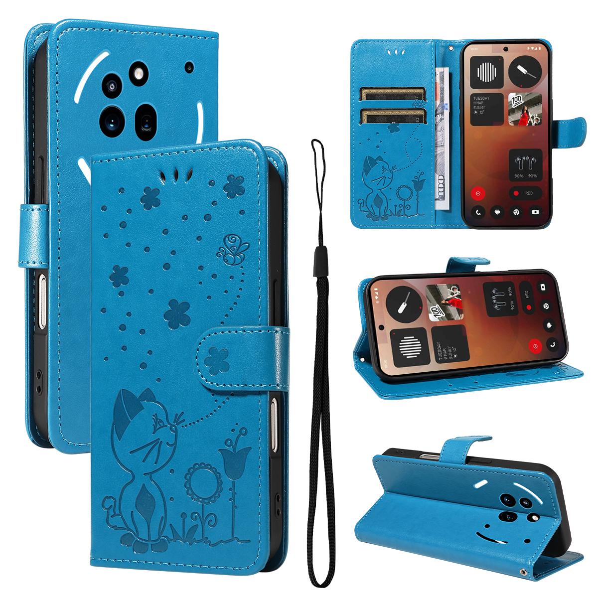 For Nothing Phone 3A Pro Cat and Bee Embossed Flip Leather Phone Case Wallet Cover with Card Slots Cash Pocket Magnetic Stand Protective Shockproof TPU PU Leather Case with Wrist Strap