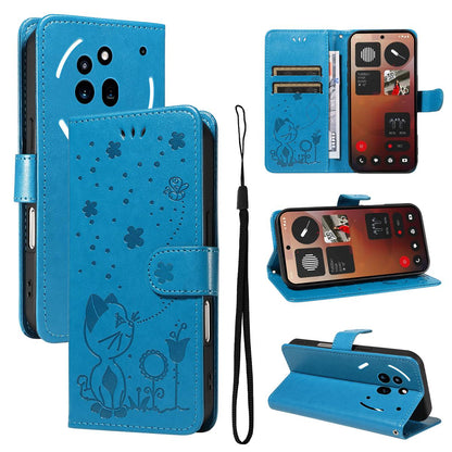 For Nothing Phone 3A Pro Cat and Bee Embossed Flip Leather Phone Case Wallet Cover with Card Slots Cash Pocket Magnetic Stand Protective Shockproof TPU PU Leather Case with Wrist Strap
