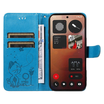 For Nothing Phone 3A Pro Cat and Bee Embossed Flip Leather Phone Case Wallet Cover with Card Slots Cash Pocket Magnetic Stand Protective Shockproof TPU PU Leather Case with Wrist Strap