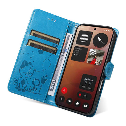 For Nothing Phone 3A Pro Cat and Bee Embossed Flip Leather Phone Case Wallet Cover with Card Slots Cash Pocket Magnetic Stand Protective Shockproof TPU PU Leather Case with Wrist Strap