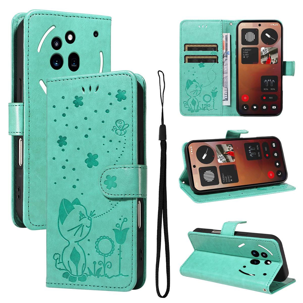 For Nothing Phone 3A Pro Cat and Bee Embossed Flip Leather Phone Case Wallet Cover with Card Slots Cash Pocket Magnetic Stand Protective Shockproof TPU PU Leather Case with Wrist Strap