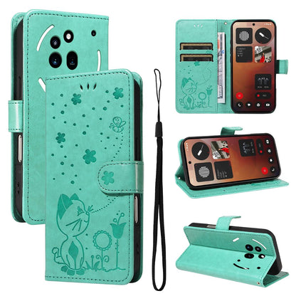 For Nothing Phone 3A Pro Cat and Bee Embossed Flip Leather Phone Case Wallet Cover with Card Slots Cash Pocket Magnetic Stand Protective Shockproof TPU PU Leather Case with Wrist Strap