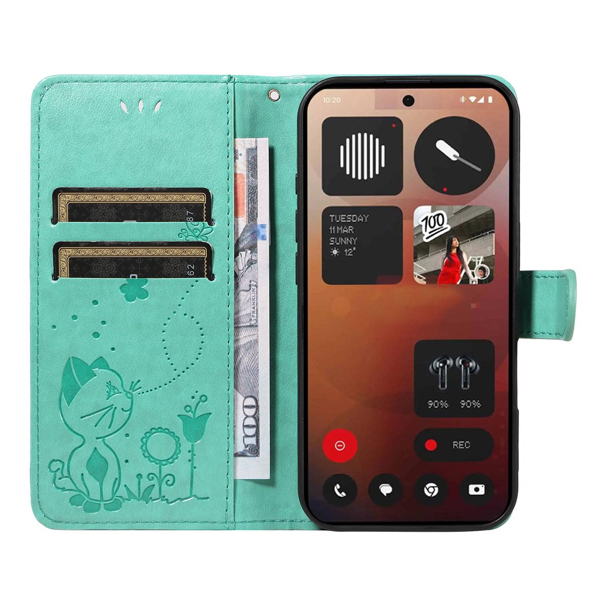For Nothing Phone 3A Pro Cat and Bee Embossed Flip Leather Phone Case Wallet Cover with Card Slots Cash Pocket Magnetic Stand Protective Shockproof TPU PU Leather Case with Wrist Strap
