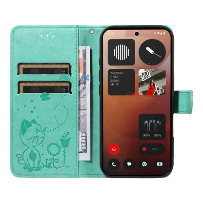 For Nothing Phone 3A Pro Cat and Bee Embossed Flip Leather Phone Case Wallet Cover with Card Slots Cash Pocket Magnetic Stand Protective Shockproof TPU PU Leather Case with Wrist Strap