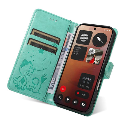 For Nothing Phone 3A Pro Cat and Bee Embossed Flip Leather Phone Case Wallet Cover with Card Slots Cash Pocket Magnetic Stand Protective Shockproof TPU PU Leather Case with Wrist Strap