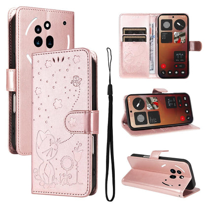 For Nothing Phone 3A Pro Cat and Bee Embossed Flip Leather Phone Case Wallet Cover with Card Slots Cash Pocket Magnetic Stand Protective Shockproof TPU PU Leather Case with Wrist Strap