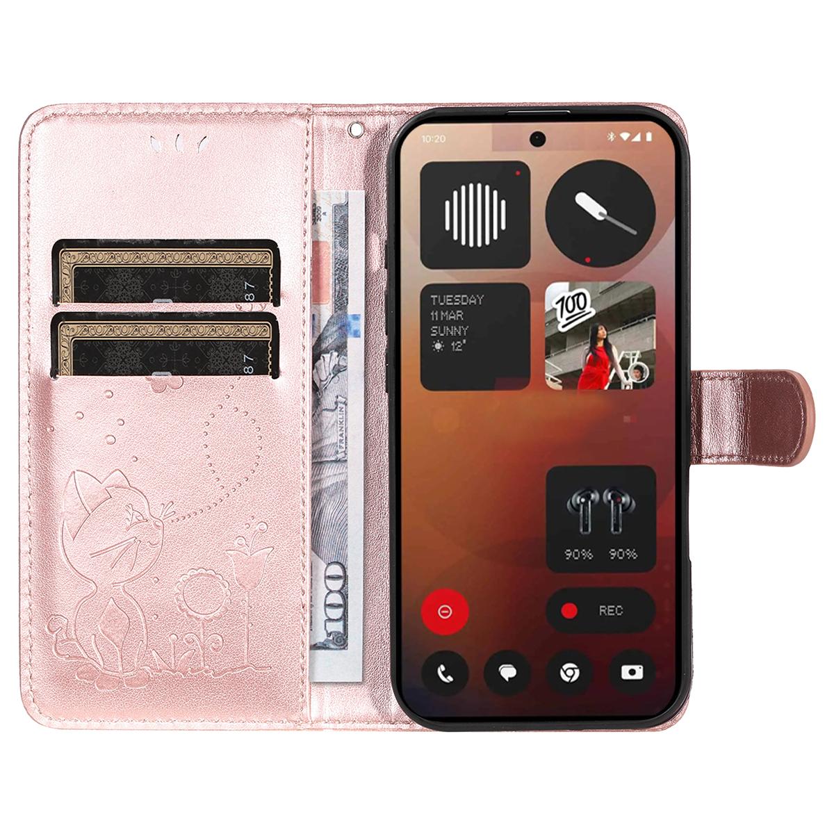 For Nothing Phone 3A Pro Cat and Bee Embossed Flip Leather Phone Case Wallet Cover with Card Slots Cash Pocket Magnetic Stand Protective Shockproof TPU PU Leather Case with Wrist Strap