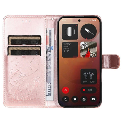 For Nothing Phone 3A Pro Cat and Bee Embossed Flip Leather Phone Case Wallet Cover with Card Slots Cash Pocket Magnetic Stand Protective Shockproof TPU PU Leather Case with Wrist Strap