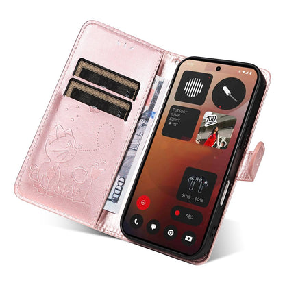 For Nothing Phone 3A Pro Cat and Bee Embossed Flip Leather Phone Case Wallet Cover with Card Slots Cash Pocket Magnetic Stand Protective Shockproof TPU PU Leather Case with Wrist Strap
