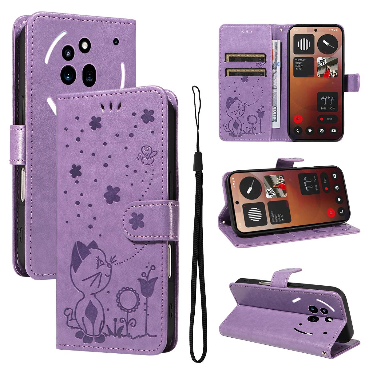 For Nothing Phone 3A Pro Cat and Bee Embossed Flip Leather Phone Case Wallet Cover with Card Slots Cash Pocket Magnetic Stand Protective Shockproof TPU PU Leather Case with Wrist Strap