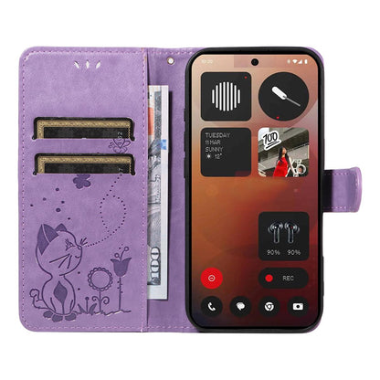 For Nothing Phone 3A Pro Cat and Bee Embossed Flip Leather Phone Case Wallet Cover with Card Slots Cash Pocket Magnetic Stand Protective Shockproof TPU PU Leather Case with Wrist Strap