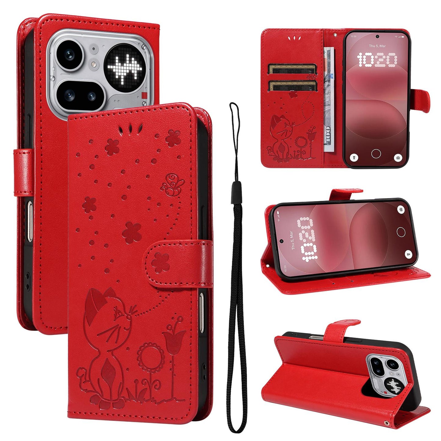 For Nothing Phone 4a Pro Cat and Bee Embossed Flip Leather Phone Case Wallet Cover with Card Slots Cash Pocket Magnetic Stand Protective Shockproof TPU PU Leather Case with Wrist Strap