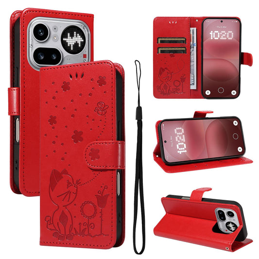 For Nothing Phone 4a Pro Cat and Bee Embossed Flip Leather Phone Case Wallet Cover with Card Slots Cash Pocket Magnetic Stand Protective Shockproof TPU PU Leather Case with Wrist Strap