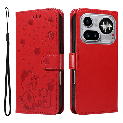 For Nothing Phone 4a Pro Cat and Bee Embossed Flip Leather Phone Case Wallet Cover with Card Slots Cash Pocket Magnetic Stand Protective Shockproof TPU PU Leather Case with Wrist Strap
