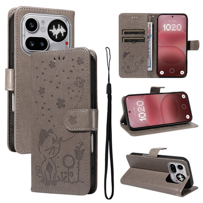 For Nothing Phone 4a Pro Cat and Bee Embossed Flip Leather Phone Case Wallet Cover with Card Slots Cash Pocket Magnetic Stand Protective Shockproof TPU PU Leather Case with Wrist Strap
