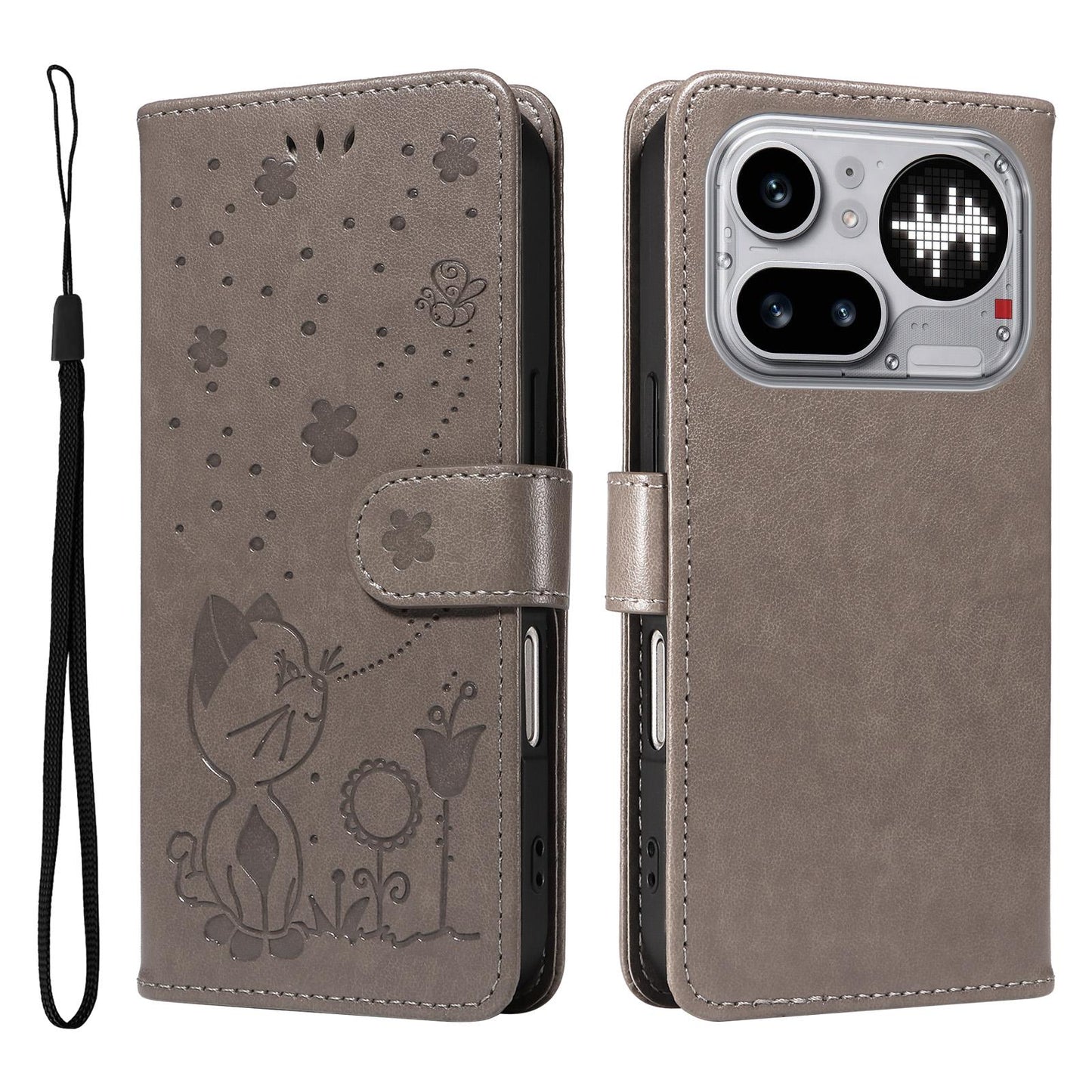 For Nothing Phone 4a Pro Cat and Bee Embossed Flip Leather Phone Case Wallet Cover with Card Slots Cash Pocket Magnetic Stand Protective Shockproof TPU PU Leather Case with Wrist Strap