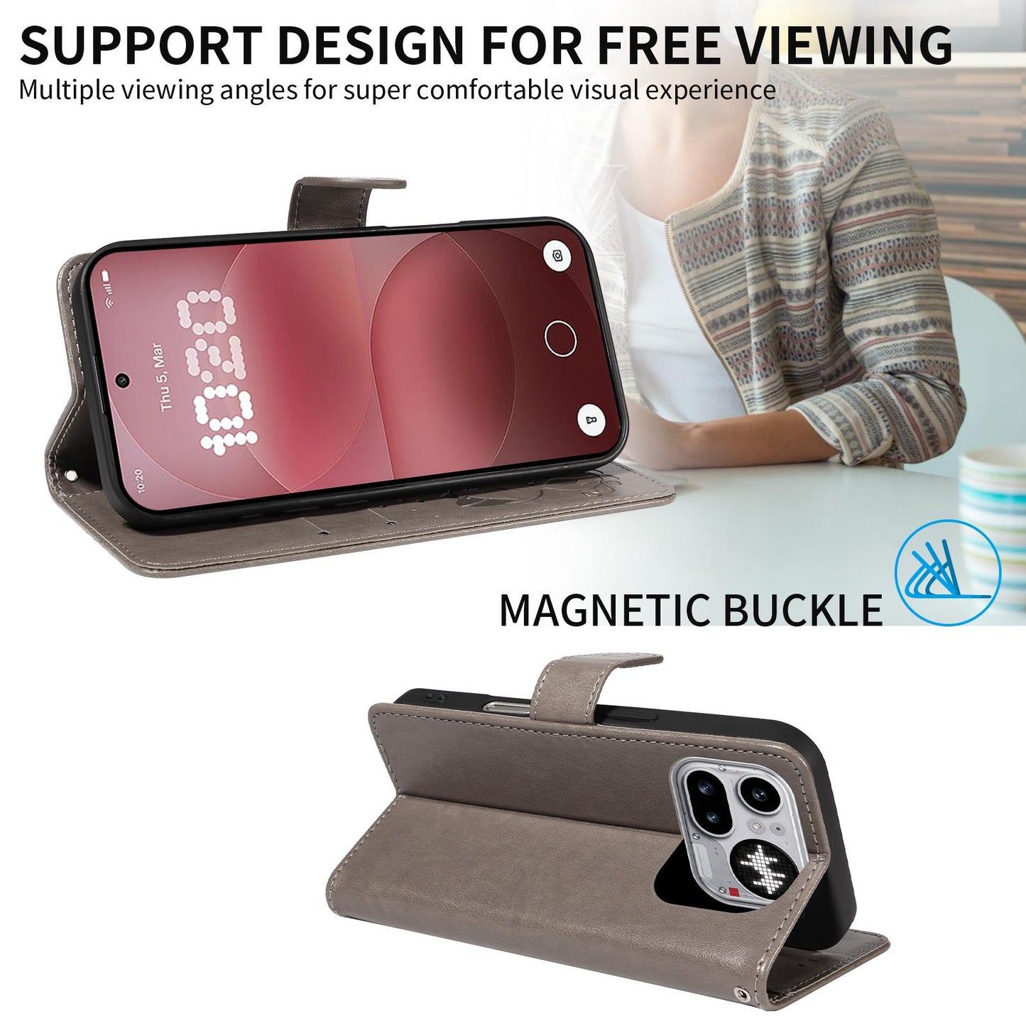 For Nothing Phone 4a Pro Cat and Bee Embossed Flip Leather Phone Case Wallet Cover with Card Slots Cash Pocket Magnetic Stand Protective Shockproof TPU PU Leather Case with Wrist Strap