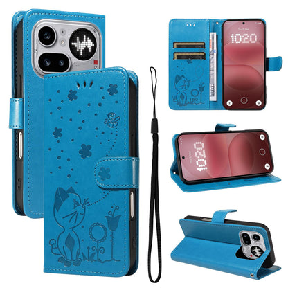 For Nothing Phone 4a Pro Cat and Bee Embossed Flip Leather Phone Case Wallet Cover with Card Slots Cash Pocket Magnetic Stand Protective Shockproof TPU PU Leather Case with Wrist Strap