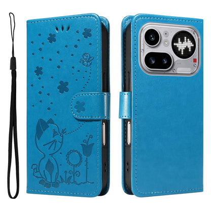 For Nothing Phone 4a Pro Cat and Bee Embossed Flip Leather Phone Case Wallet Cover with Card Slots Cash Pocket Magnetic Stand Protective Shockproof TPU PU Leather Case with Wrist Strap