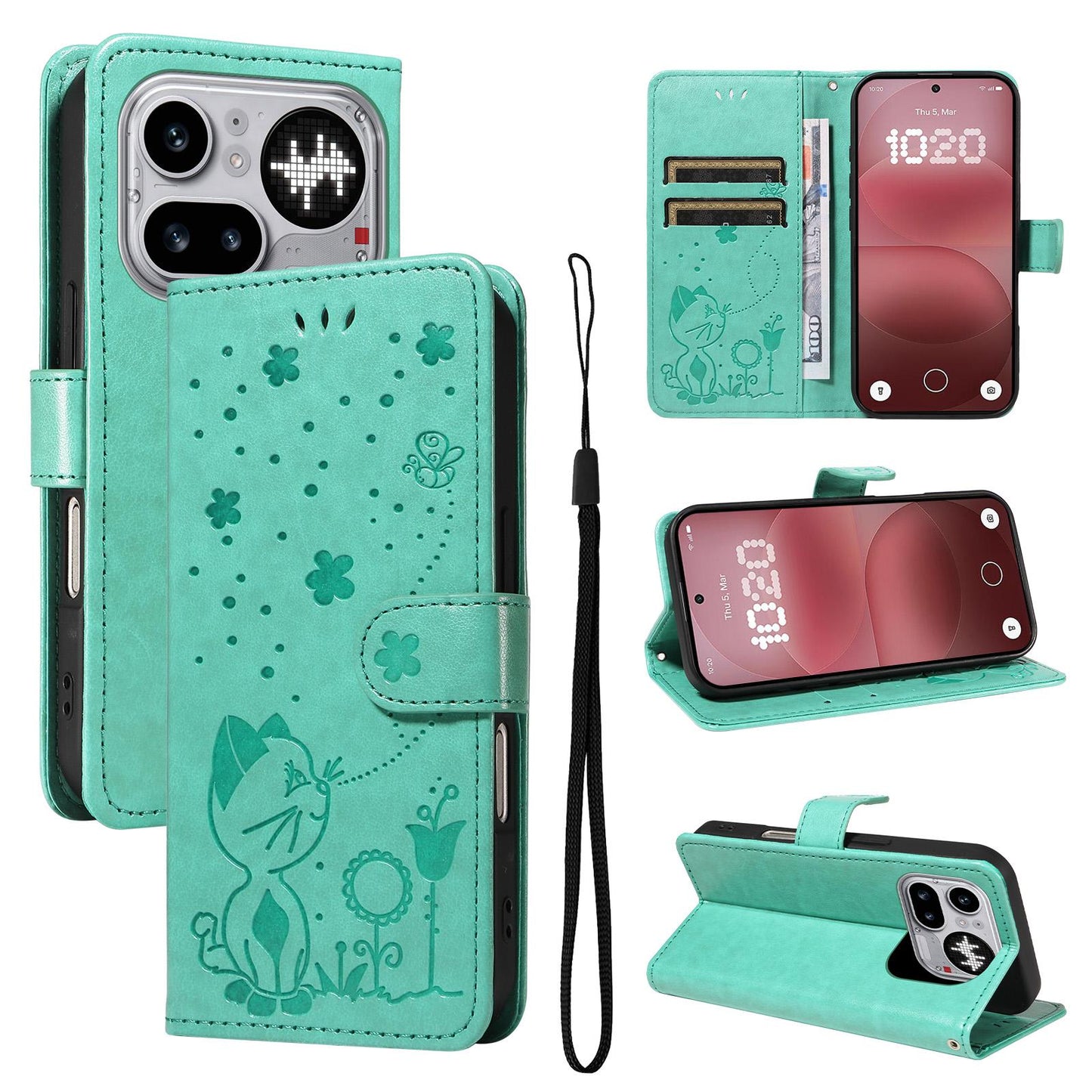For Nothing Phone 4a Pro Cat and Bee Embossed Flip Leather Phone Case Wallet Cover with Card Slots Cash Pocket Magnetic Stand Protective Shockproof TPU PU Leather Case with Wrist Strap