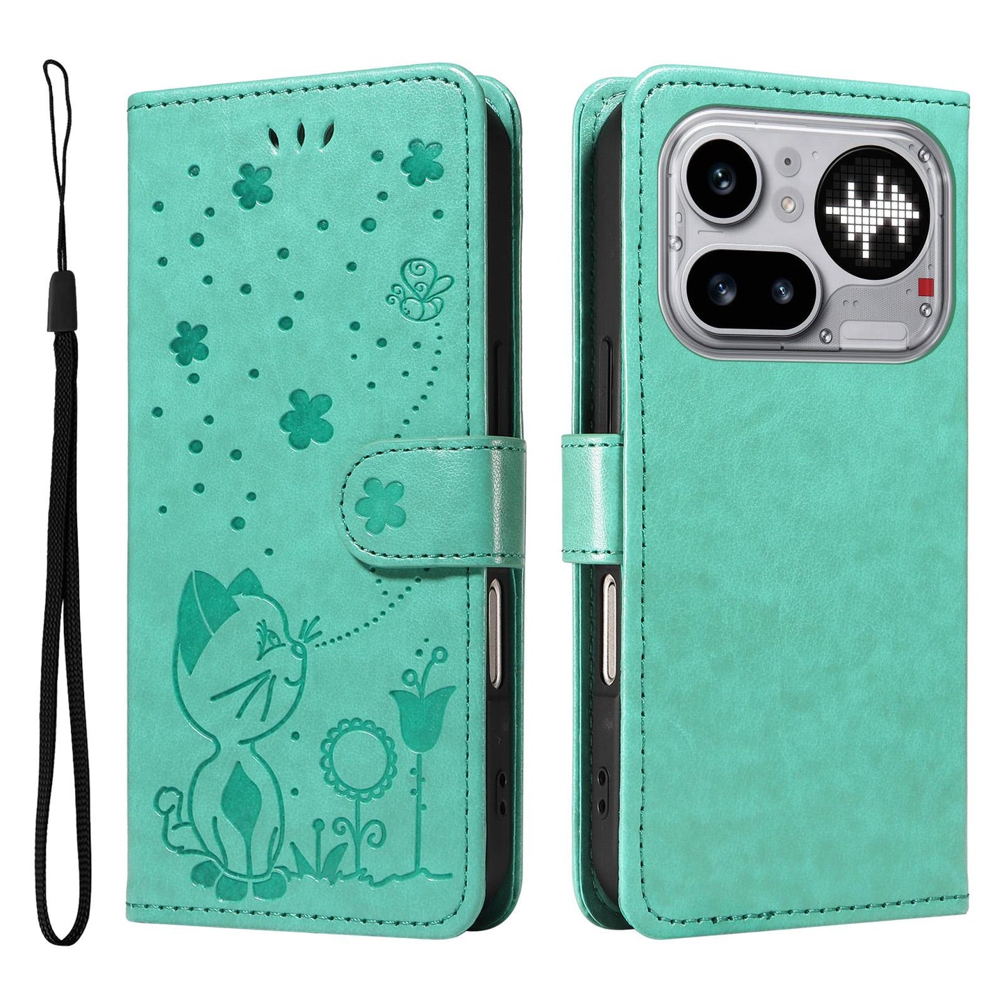 For Nothing Phone 4a Pro Cat and Bee Embossed Flip Leather Phone Case Wallet Cover with Card Slots Cash Pocket Magnetic Stand Protective Shockproof TPU PU Leather Case with Wrist Strap
