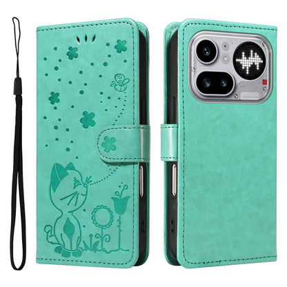 For Nothing Phone 4a Pro Cat and Bee Embossed Flip Leather Phone Case Wallet Cover with Card Slots Cash Pocket Magnetic Stand Protective Shockproof TPU PU Leather Case with Wrist Strap