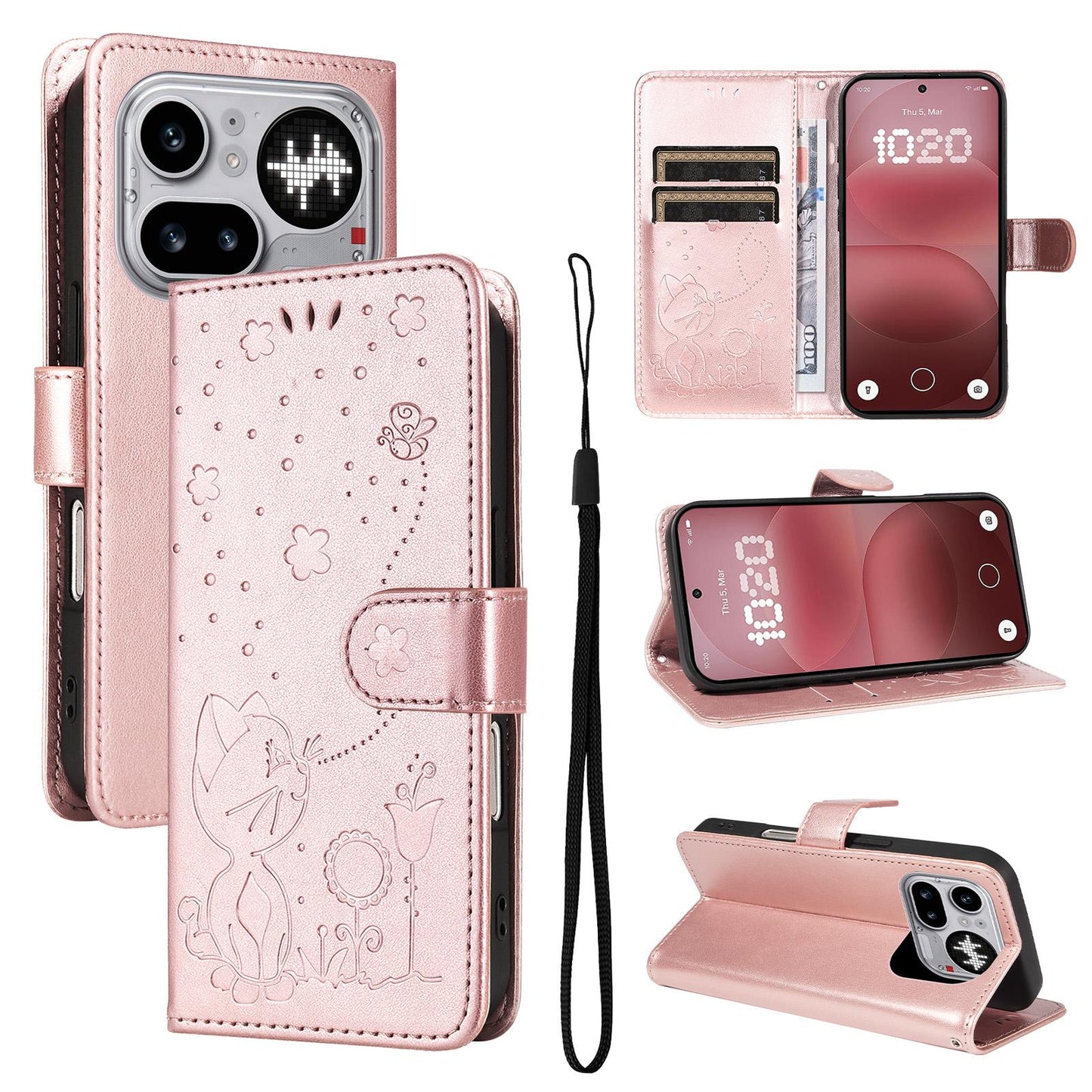 For Nothing Phone 4a Pro Cat and Bee Embossed Flip Leather Phone Case Wallet Cover with Card Slots Cash Pocket Magnetic Stand Protective Shockproof TPU PU Leather Case with Wrist Strap