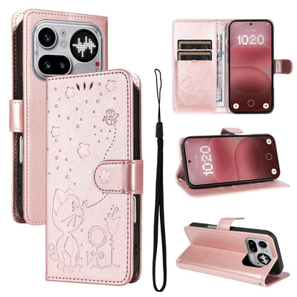 For Nothing Phone 4a Pro Cat and Bee Embossed Flip Leather Phone Case Wallet Cover with Card Slots Cash Pocket Magnetic Stand Protective Shockproof TPU PU Leather Case with Wrist Strap