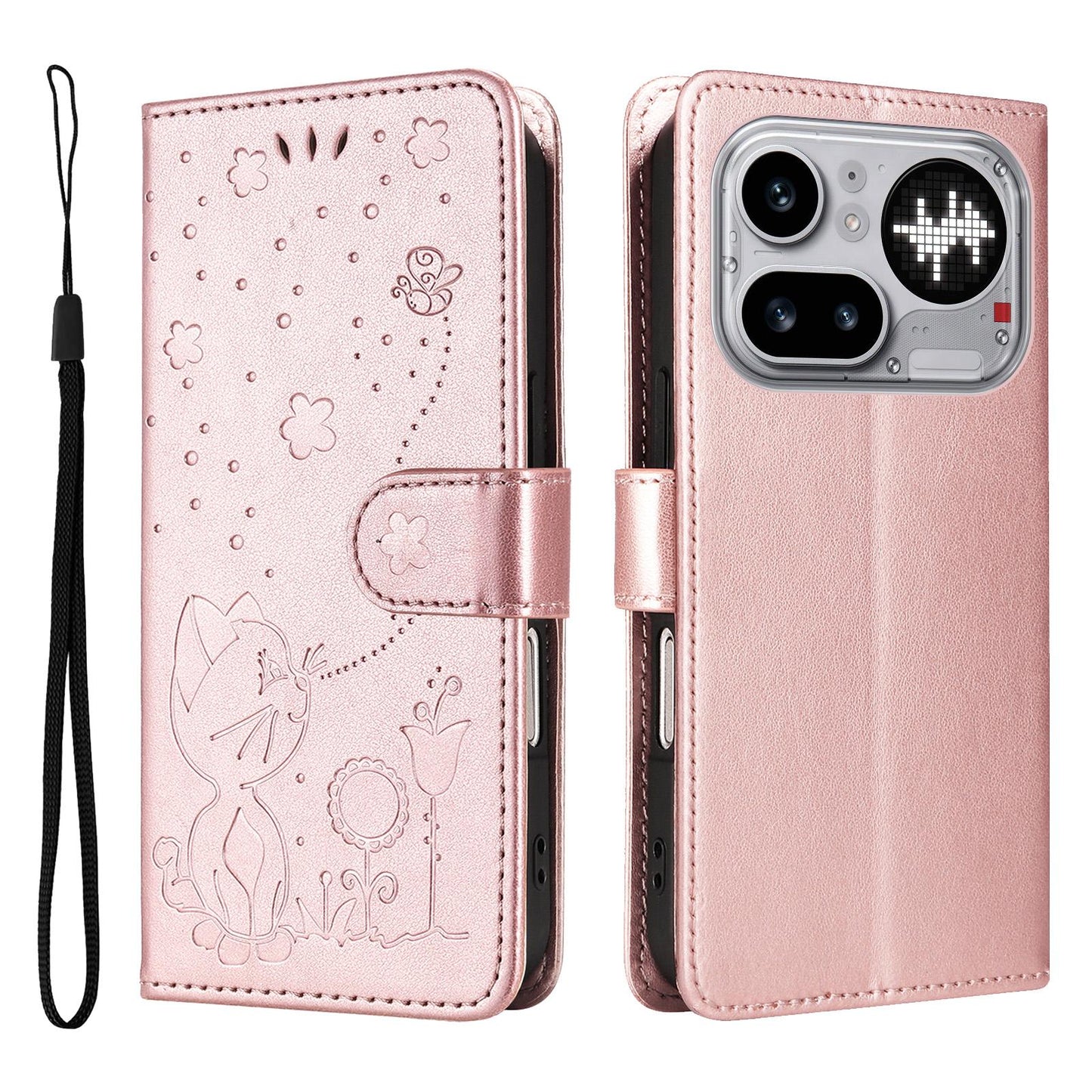 For Nothing Phone 4a Pro Cat and Bee Embossed Flip Leather Phone Case Wallet Cover with Card Slots Cash Pocket Magnetic Stand Protective Shockproof TPU PU Leather Case with Wrist Strap