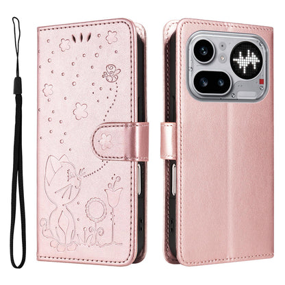 For Nothing Phone 4a Pro Cat and Bee Embossed Flip Leather Phone Case Wallet Cover with Card Slots Cash Pocket Magnetic Stand Protective Shockproof TPU PU Leather Case with Wrist Strap
