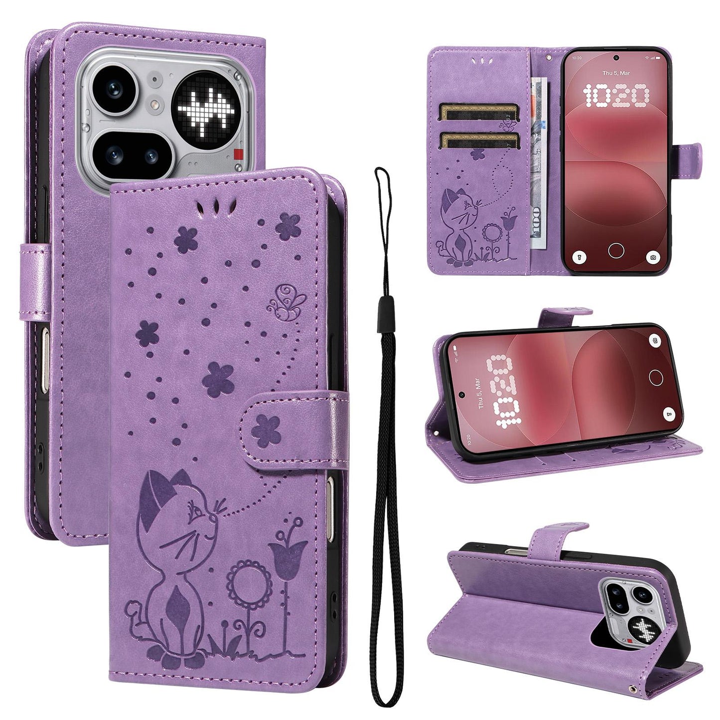 For Nothing Phone 4a Pro Cat and Bee Embossed Flip Leather Phone Case Wallet Cover with Card Slots Cash Pocket Magnetic Stand Protective Shockproof TPU PU Leather Case with Wrist Strap