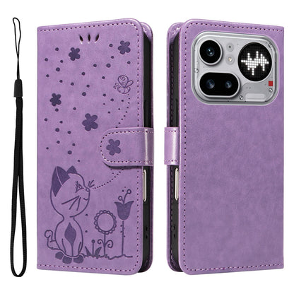 For Nothing Phone 4a Pro Cat and Bee Embossed Flip Leather Phone Case Wallet Cover with Card Slots Cash Pocket Magnetic Stand Protective Shockproof TPU PU Leather Case with Wrist Strap