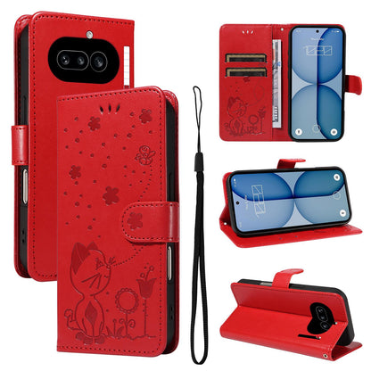 For Nothing Phone 4a Cat and Bee Embossed Flip Leather Phone Case Wallet Cover with Card Slots Cash Pocket Magnetic Stand Protective Shockproof TPU PU Leather Case with Wrist Strap