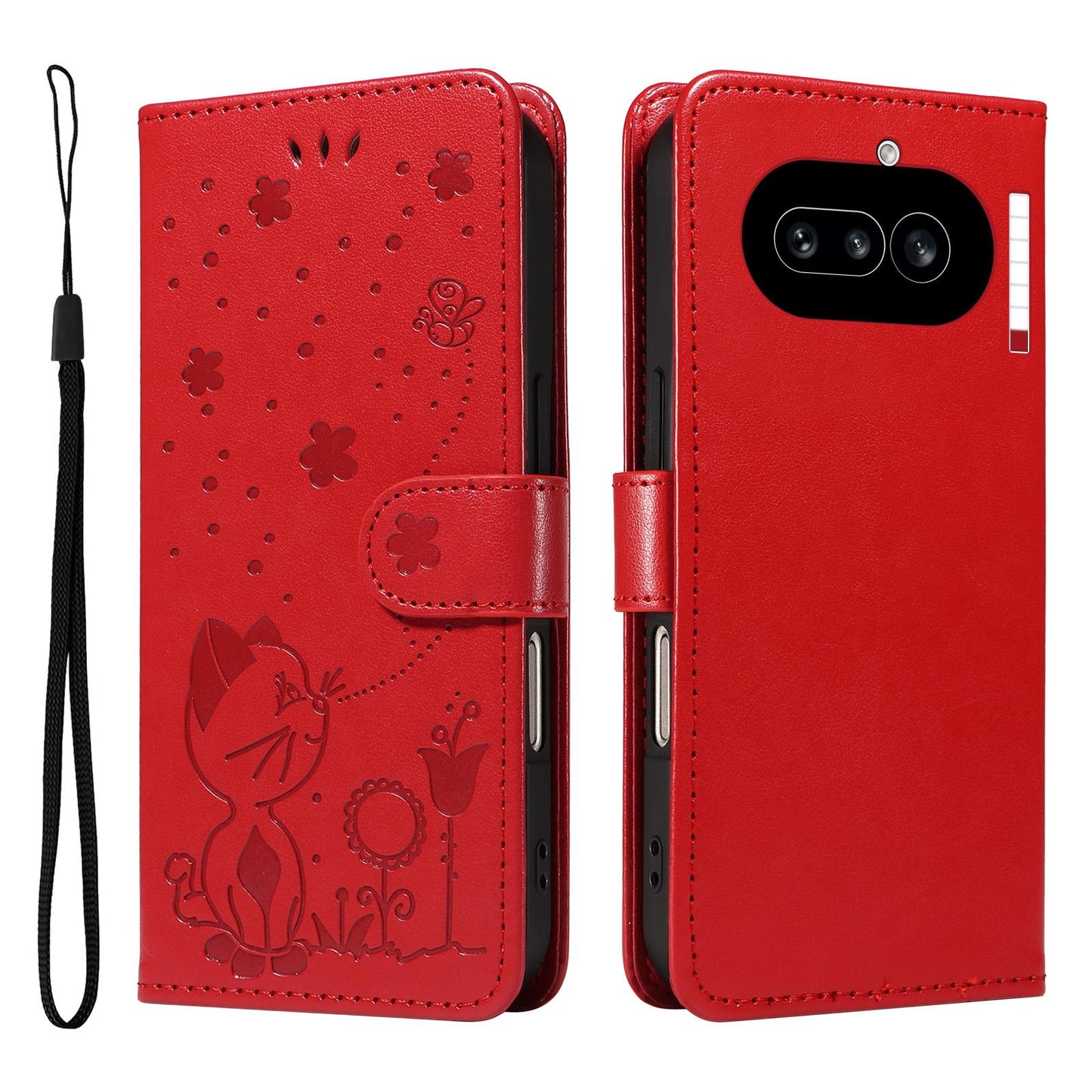 For Nothing Phone 4a Cat and Bee Embossed Flip Leather Phone Case Wallet Cover with Card Slots Cash Pocket Magnetic Stand Protective Shockproof TPU PU Leather Case with Wrist Strap