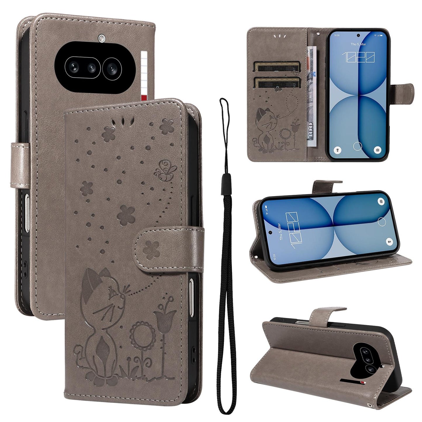 For Nothing Phone 4a Cat and Bee Embossed Flip Leather Phone Case Wallet Cover with Card Slots Cash Pocket Magnetic Stand Protective Shockproof TPU PU Leather Case with Wrist Strap